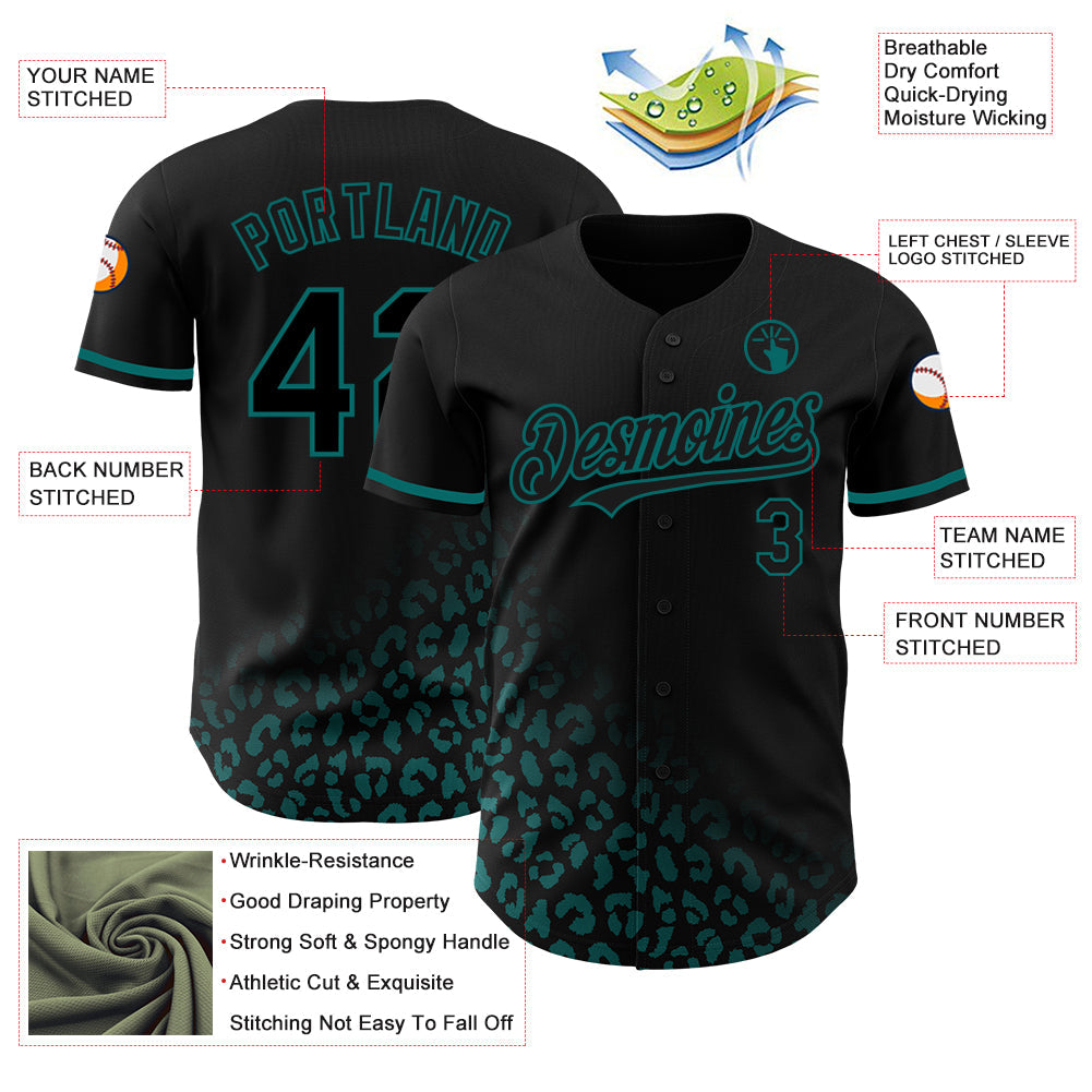 Custom Black Teal 3D Pattern Design Leopard Print Fade Fashion Authentic Baseball Jersey view 3