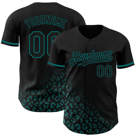 Custom Black Teal 3D Pattern Design Leopard Print Fade Fashion Authentic Baseball Jersey - Main View