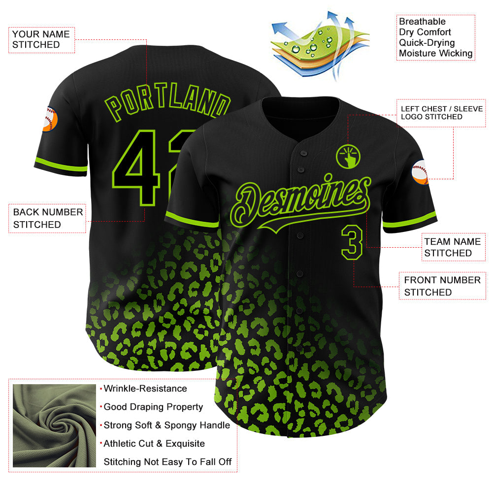 Custom Black Neon Green 3D Pattern Design Leopard Print Fade Fashion Authentic Baseball Jersey view 3
