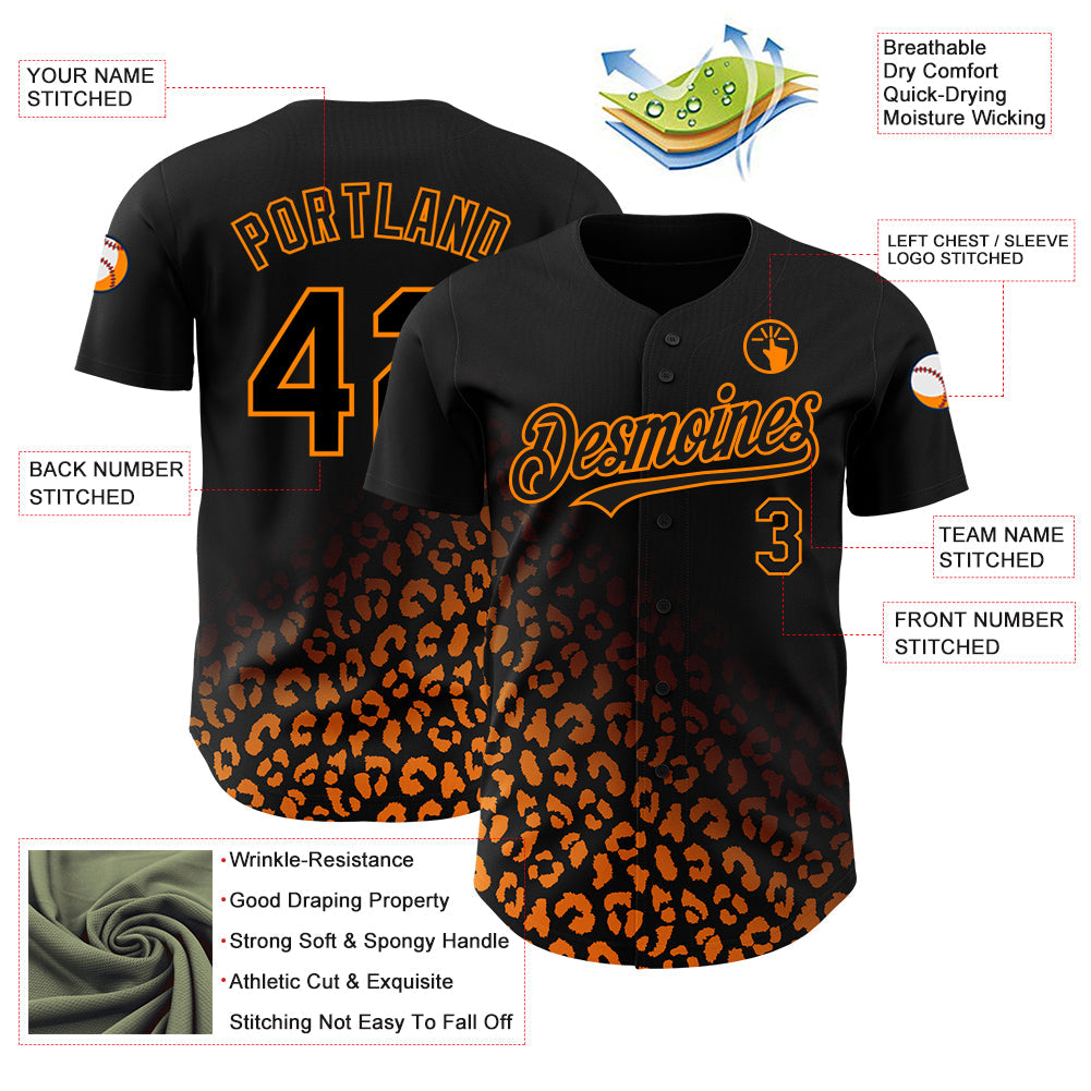 Custom Black Bay Orange 3D Pattern Design Leopard Print Fade Fashion Authentic Baseball Jersey view 3