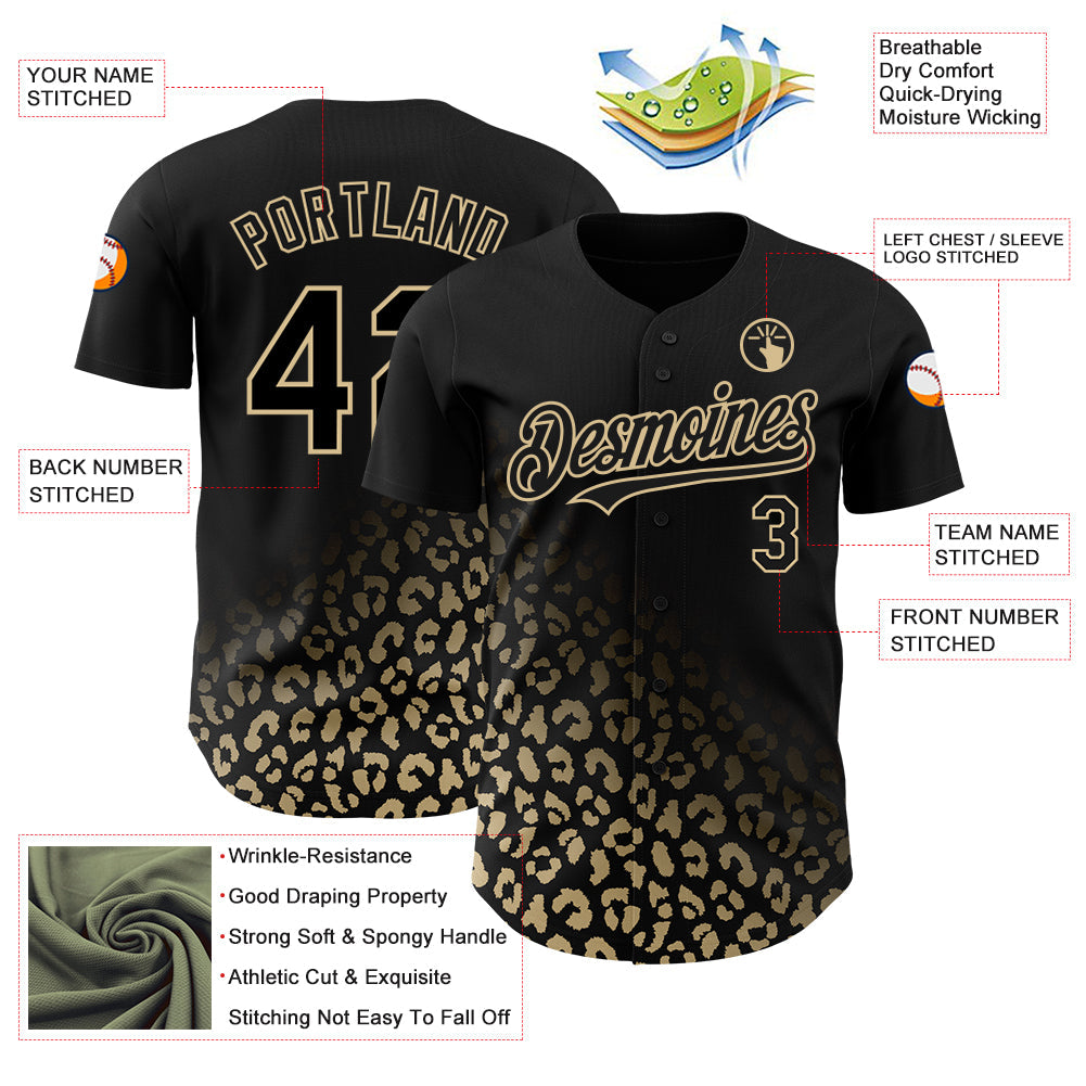 Custom Black Vegas Gold 3D Pattern Design Leopard Print Fade Fashion Authentic Baseball Jersey view 3