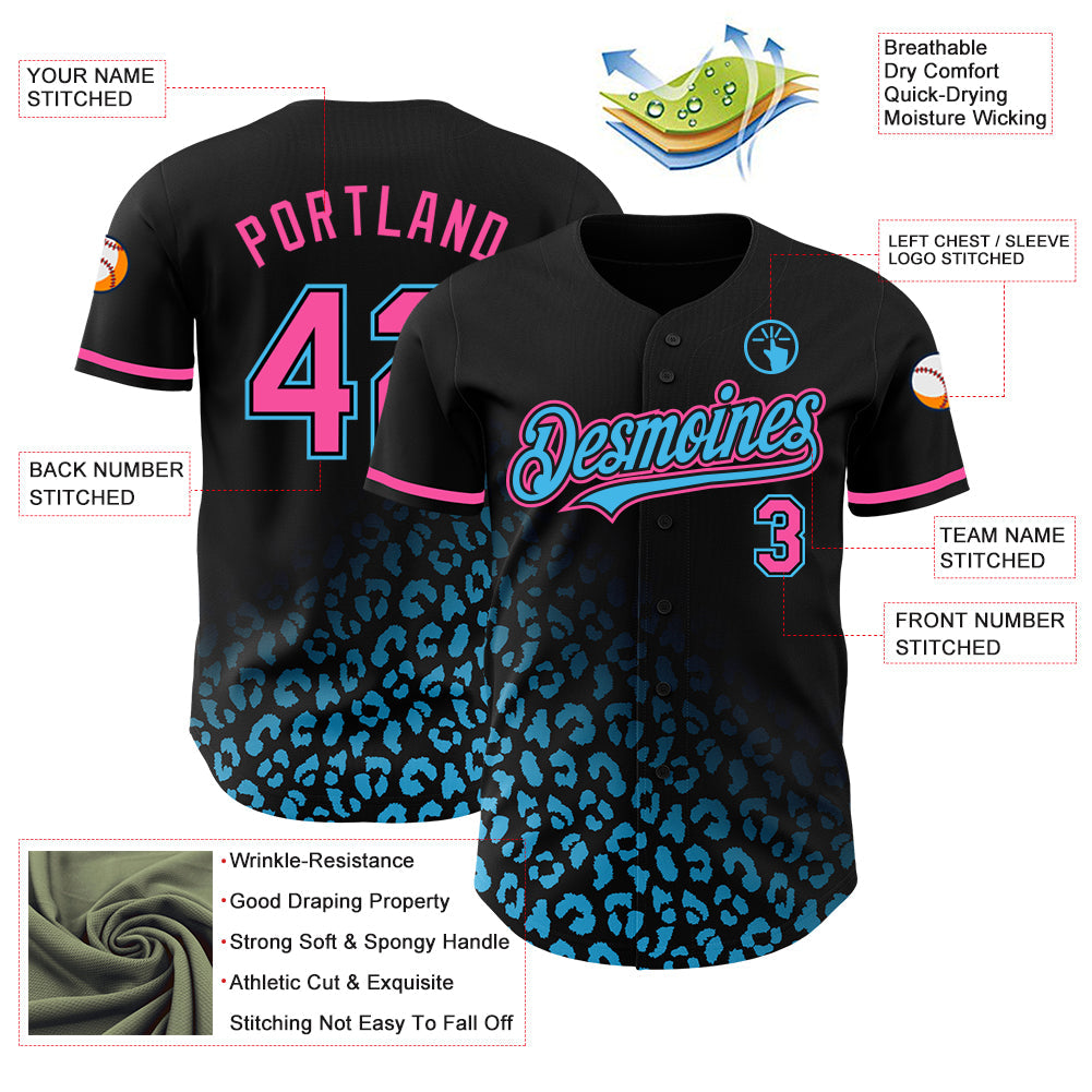 Custom Black Pink-Sky Blue 3D Pattern Design Leopard Print Fade Fashion Authentic Baseball Jersey view 3