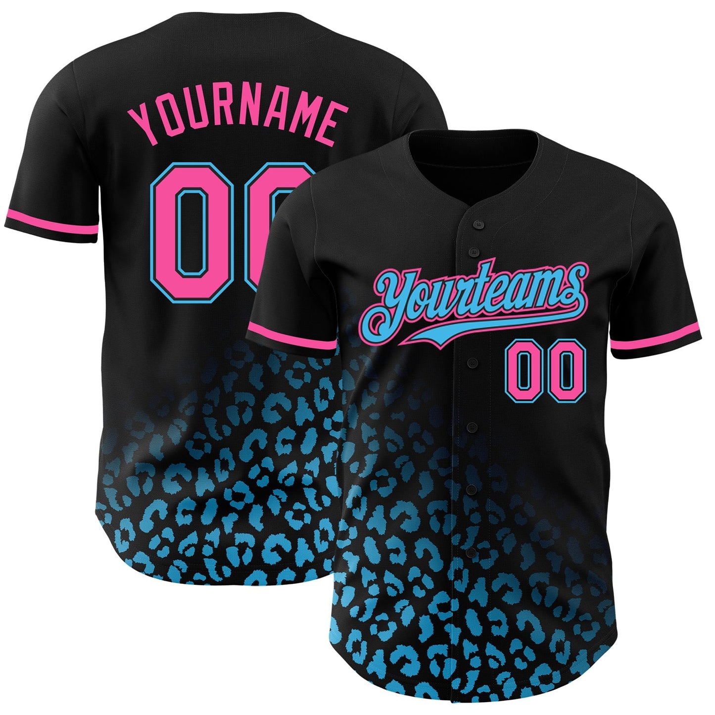 Custom Black Pink-Sky Blue 3D Pattern Design Leopard Print Fade Fashion Authentic Baseball Jersey - Main View