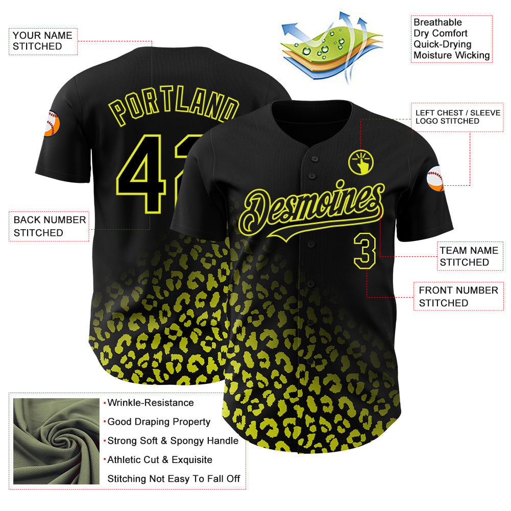 Custom Black Neon Yellow 3D Pattern Design Leopard Print Fade Fashion Authentic Baseball Jersey view 3