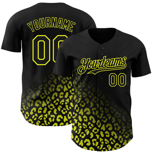 Custom Black Neon Yellow 3D Pattern Design Leopard Print Fade Fashion Authentic Baseball Jersey - Main View
