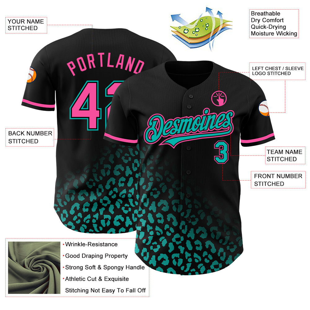 Custom Black Pink-Aqua 3D Pattern Design Leopard Print Fade Fashion Authentic Baseball Jersey view 3