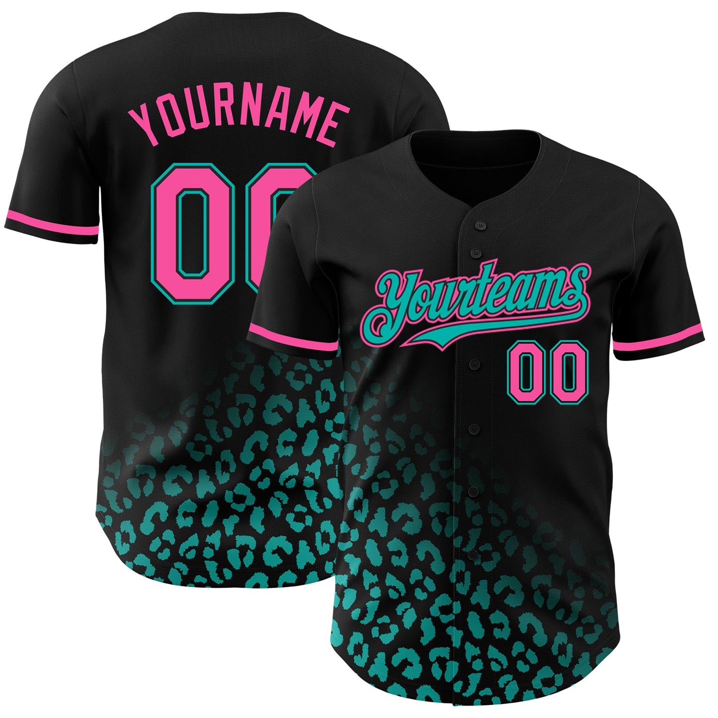 Custom Black Pink-Aqua 3D Pattern Design Leopard Print Fade Fashion Authentic Baseball Jersey - Main View