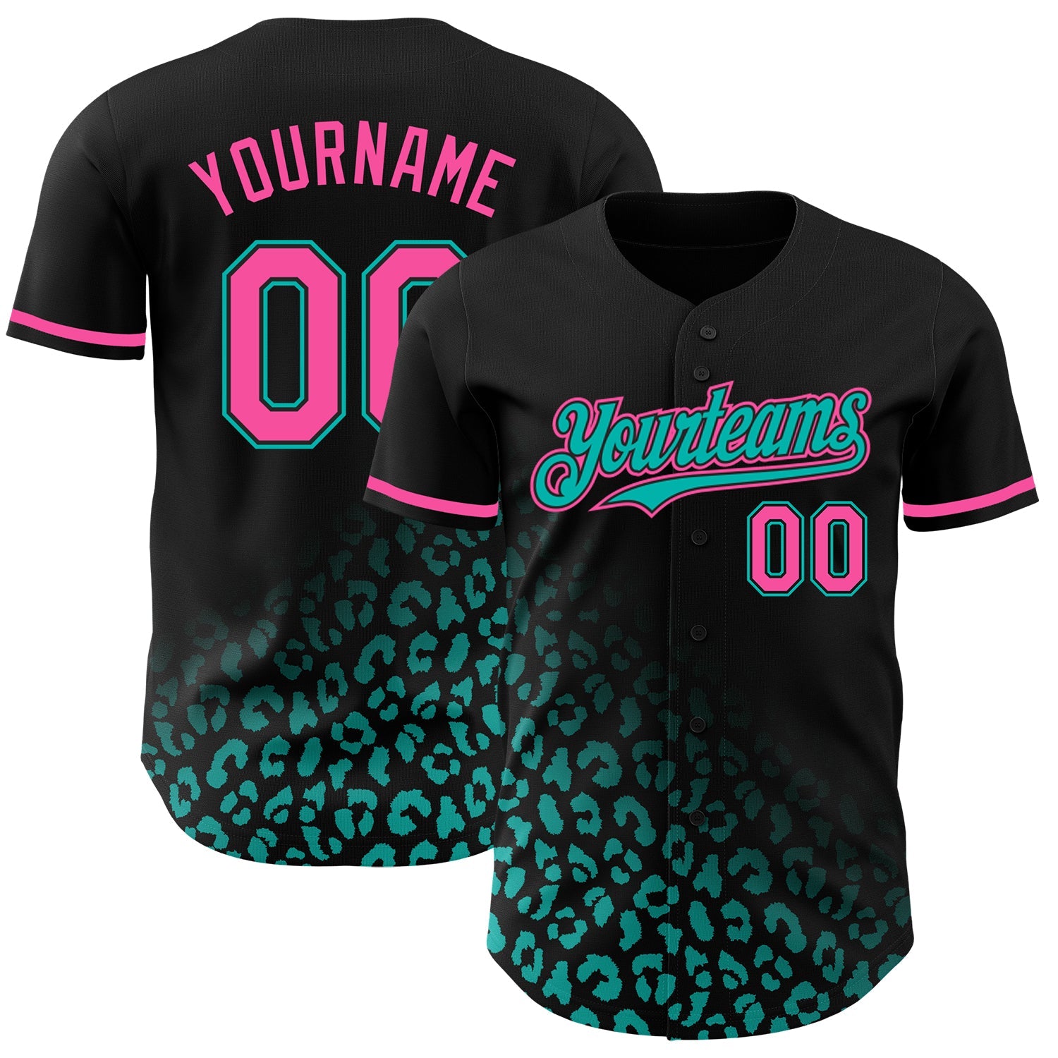 Custom Black Pink-Aqua 3D Pattern Design Leopard Print Fade Fashion Authentic Baseball Jersey - Main View