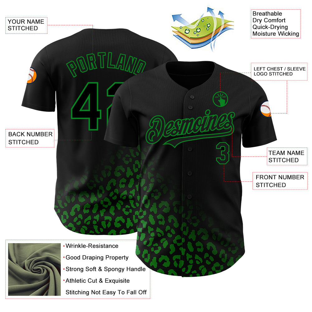 Custom Black Grass Green 3D Pattern Design Leopard Print Fade Fashion Authentic Baseball Jersey view 3