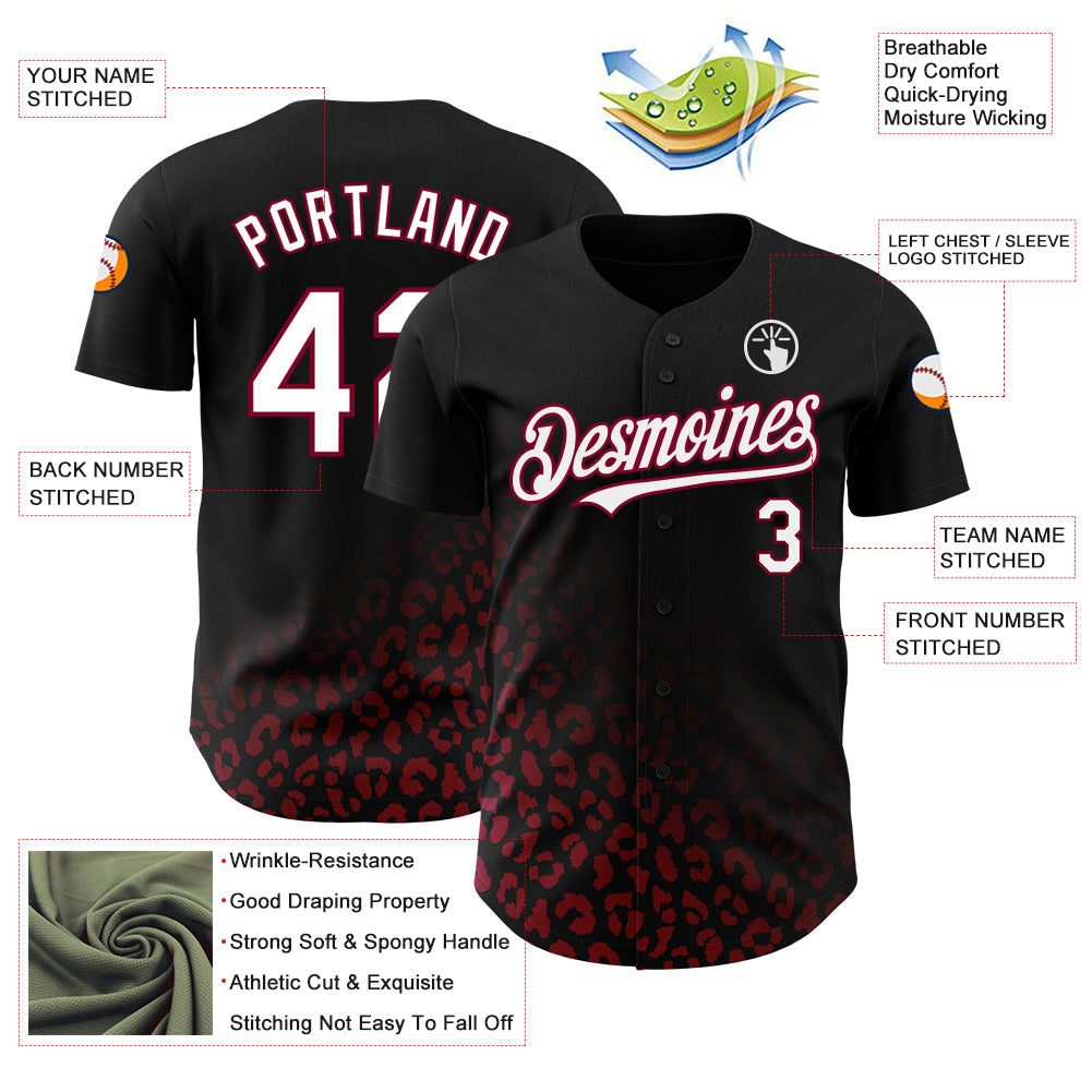 Custom Black White-Maroon 3D Pattern Design Leopard Print Fade Fashion Authentic Baseball Jersey view 3
