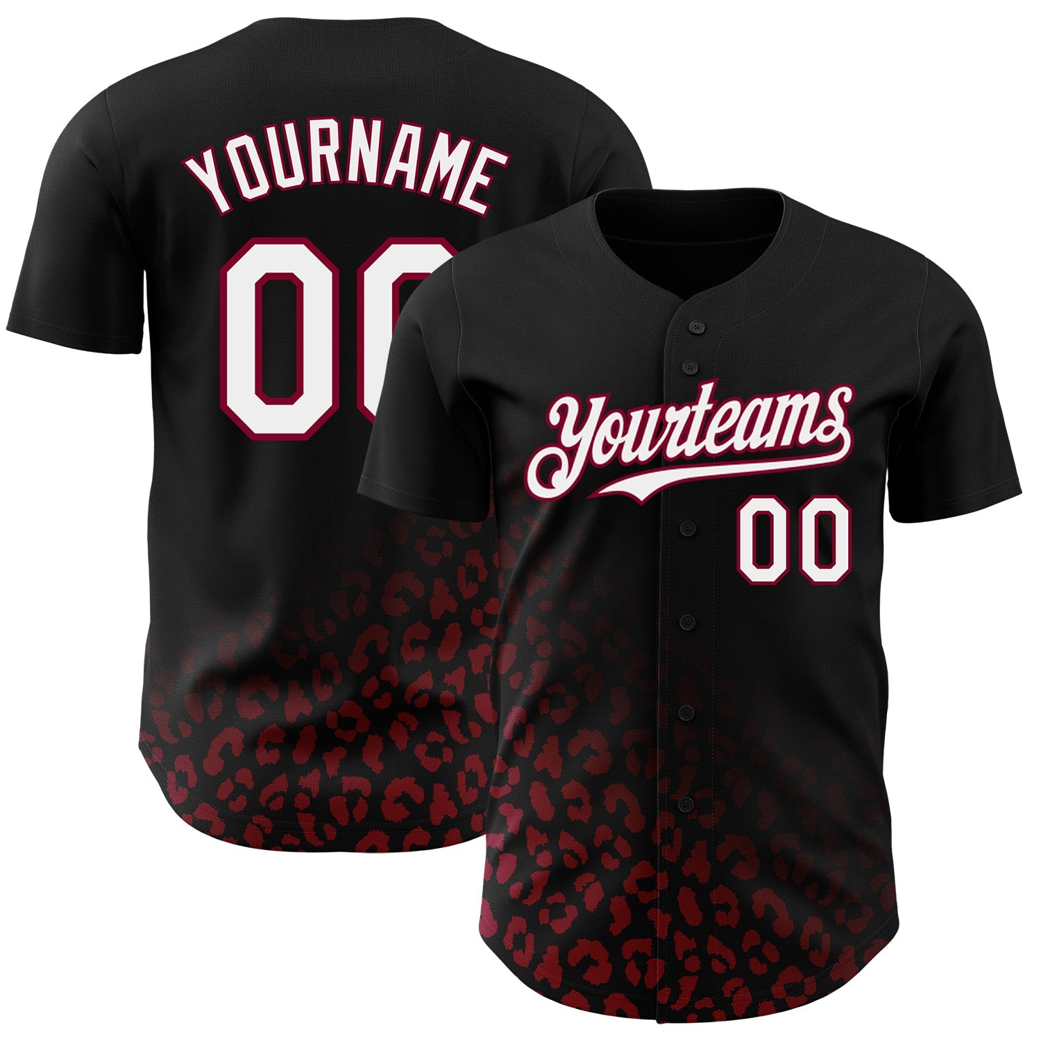 Custom Black White-Maroon 3D Pattern Design Leopard Print Fade Fashion Authentic Baseball Jersey - Main View