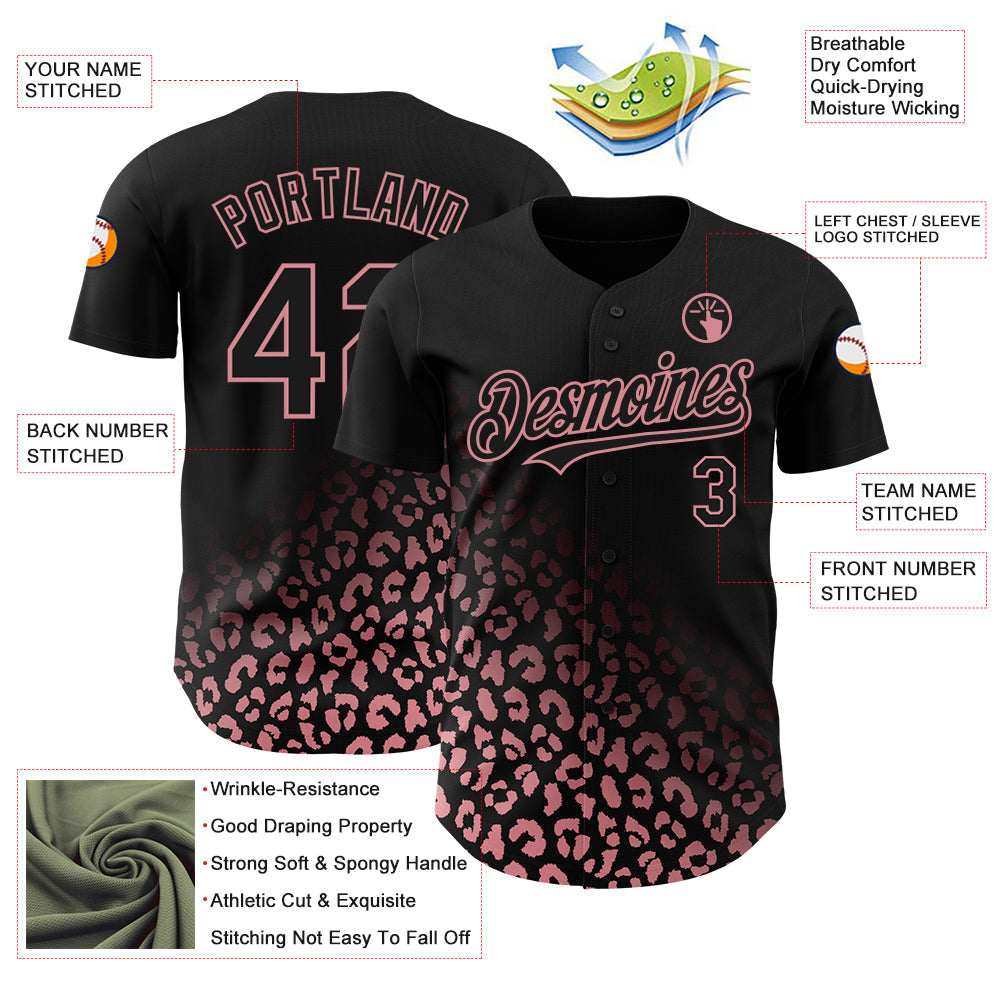 Custom Black Medium Pink 3D Pattern Design Leopard Print Fade Fashion Authentic Baseball Jersey view 3