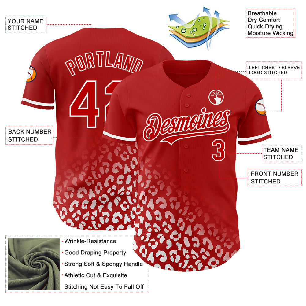 Custom Red White 3D Pattern Design Leopard Print Fade Fashion Authentic Baseball Jersey view 3