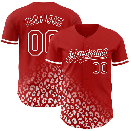 Custom Red White 3D Pattern Design Leopard Print Fade Fashion Authentic Baseball Jersey - Main View
