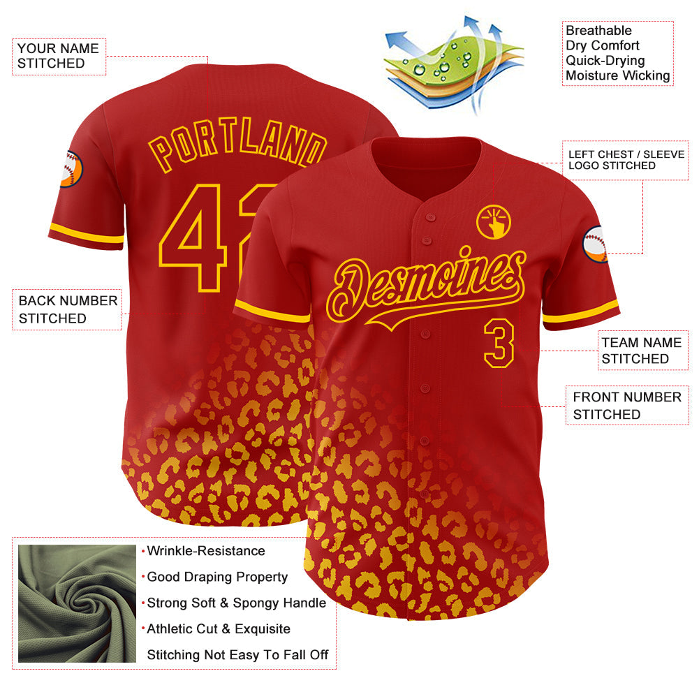 Custom Red Yellow 3D Pattern Design Leopard Print Fade Fashion Authentic Baseball Jersey view 3