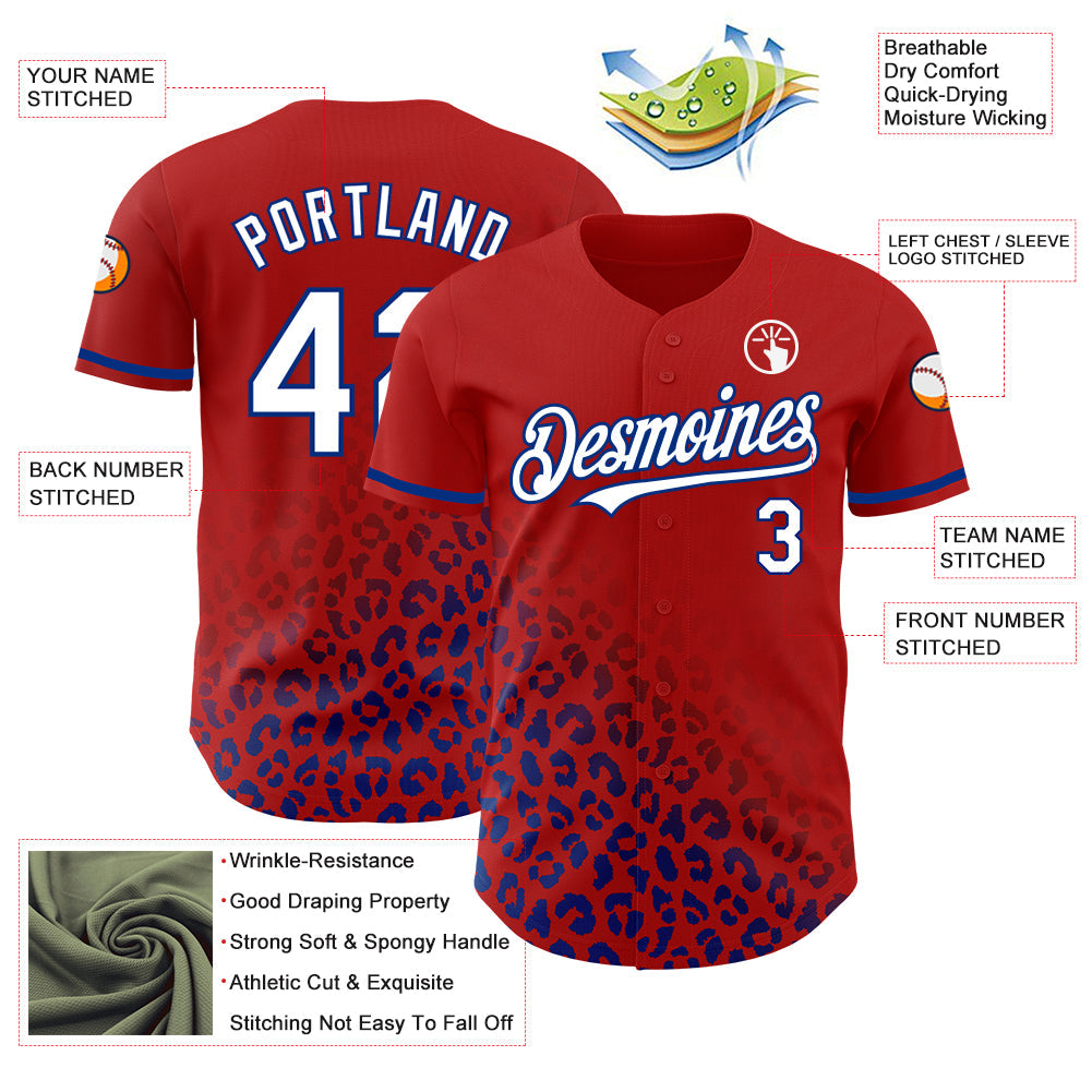 Custom Red White-Royal 3D Pattern Design Leopard Print Fade Fashion Authentic Baseball Jersey view 3