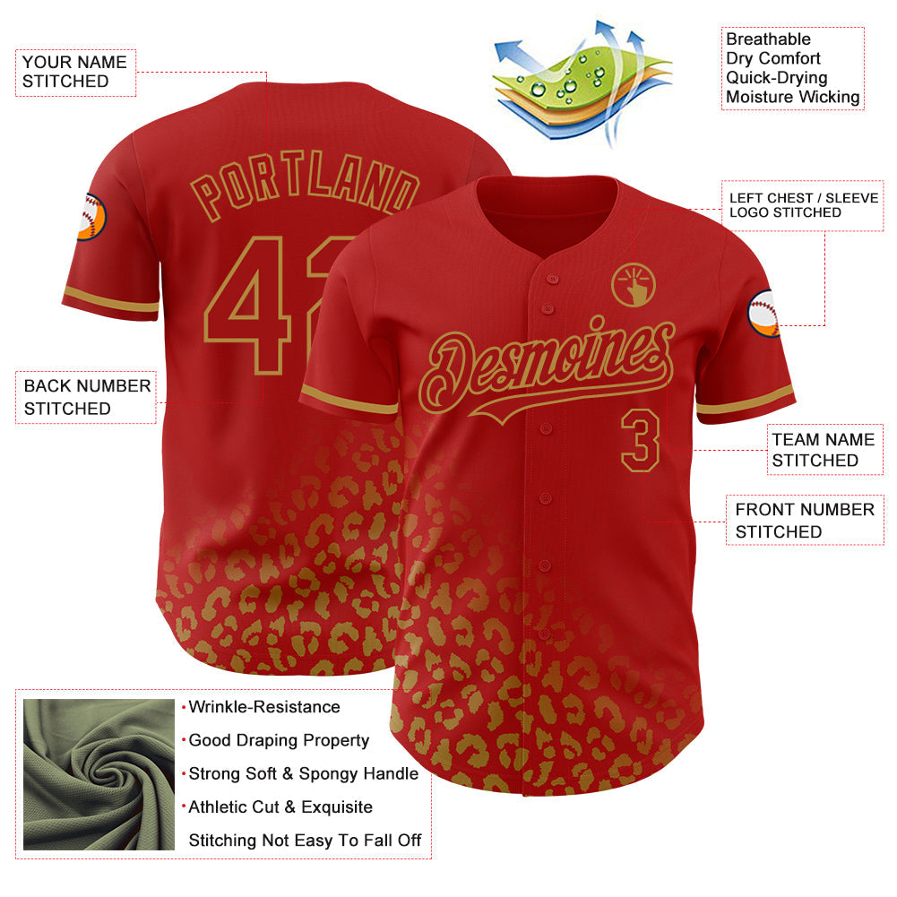 Custom Red Old Gold 3D Pattern Design Leopard Print Fade Fashion Authentic Baseball Jersey view 3