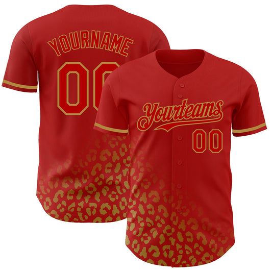 Custom Red Old Gold 3D Pattern Design Leopard Print Fade Fashion Authentic Baseball Jersey - Main View