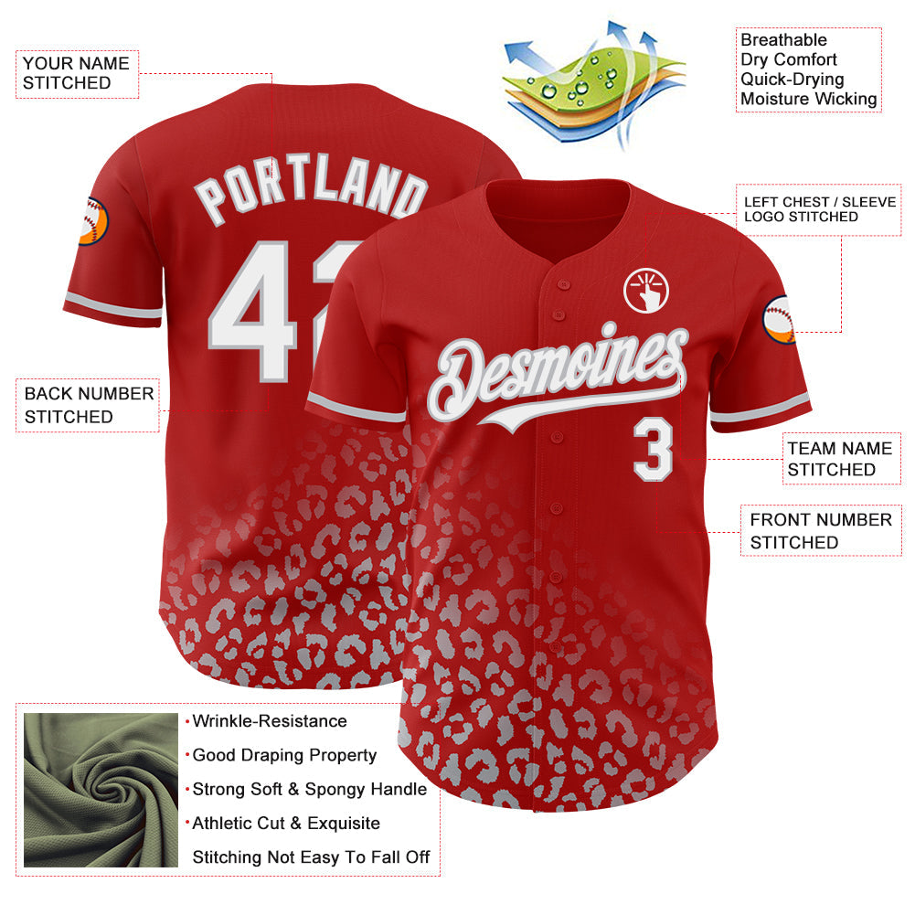 Custom Red White-Gray 3D Pattern Design Leopard Print Fade Fashion Authentic Baseball Jersey view 3