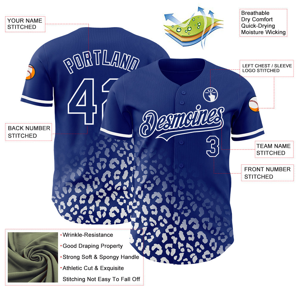 Custom Royal White 3D Pattern Design Leopard Print Fade Fashion Authentic Baseball Jersey view 3