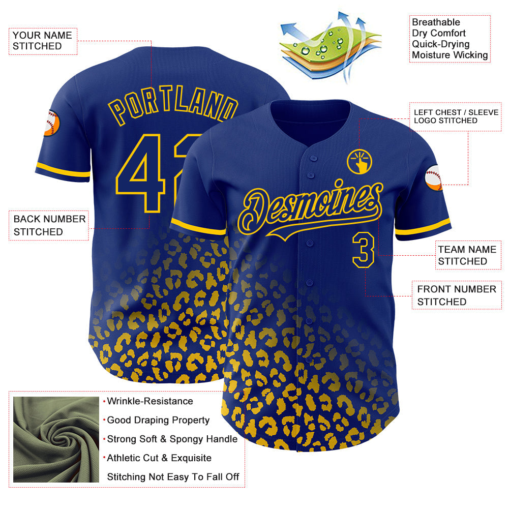 Custom Royal Yellow 3D Pattern Design Leopard Print Fade Fashion Authentic Baseball Jersey view 3