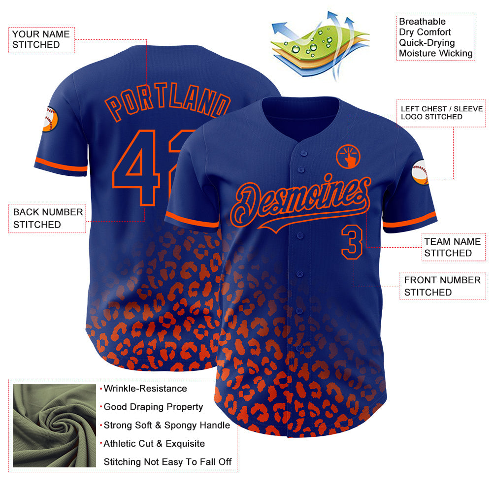 Custom Royal Orange 3D Pattern Design Leopard Print Fade Fashion Authentic Baseball Jersey view 3