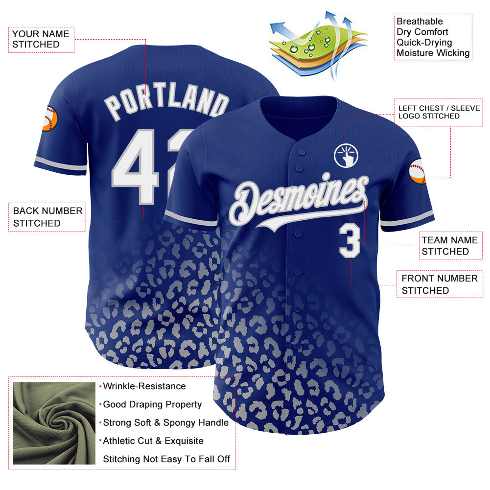 Custom Royal White-Gray 3D Pattern Design Leopard Print Fade Fashion Authentic Baseball Jersey view 3