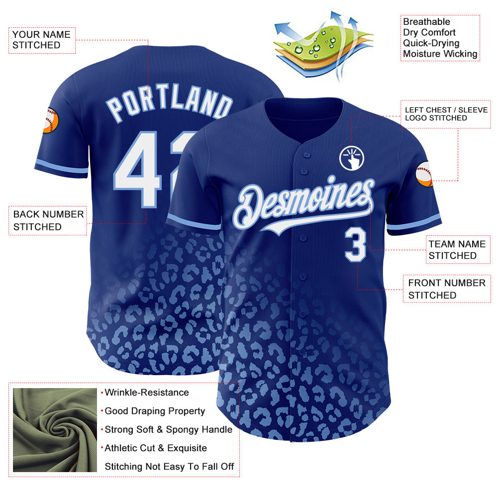 Custom Royal White-Light Blue 3D Pattern Design Leopard Print Fade Fashion Authentic Baseball Jersey view 3