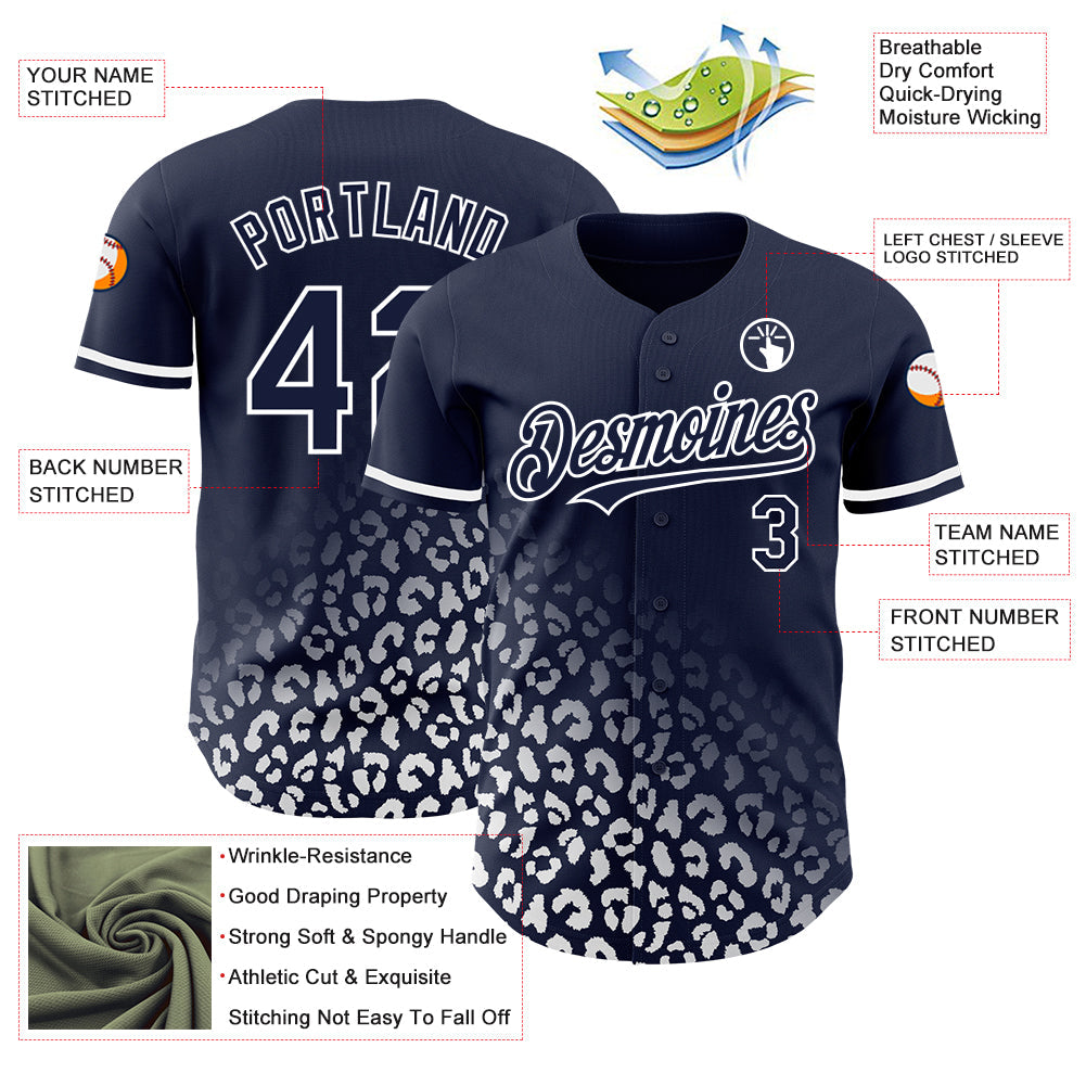Custom Navy White 3D Pattern Design Leopard Print Fade Fashion Authentic Baseball Jersey view 3