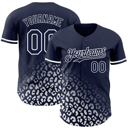 Custom Navy White 3D Pattern Design Leopard Print Fade Fashion Authentic Baseball Jersey - Main View