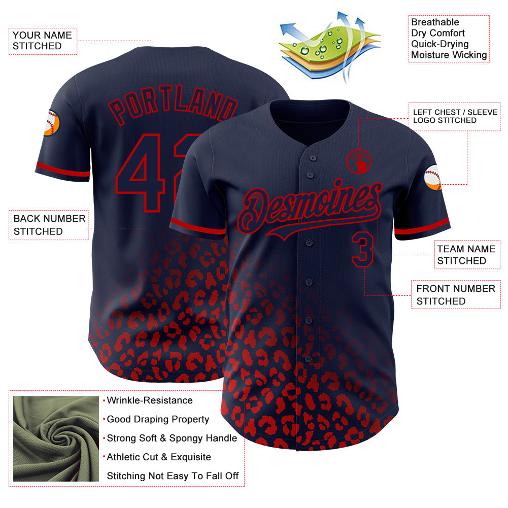 Custom Navy Red 3D Pattern Design Leopard Print Fade Fashion Authentic Baseball Jersey view 3