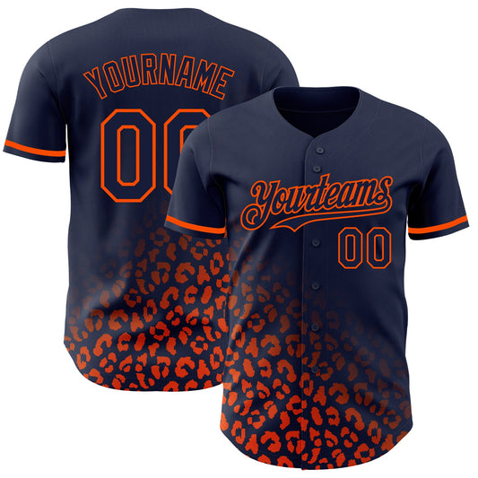 Custom Navy Orange 3D Pattern Design Leopard Print Fade Fashion Authentic Baseball Jersey - Main View