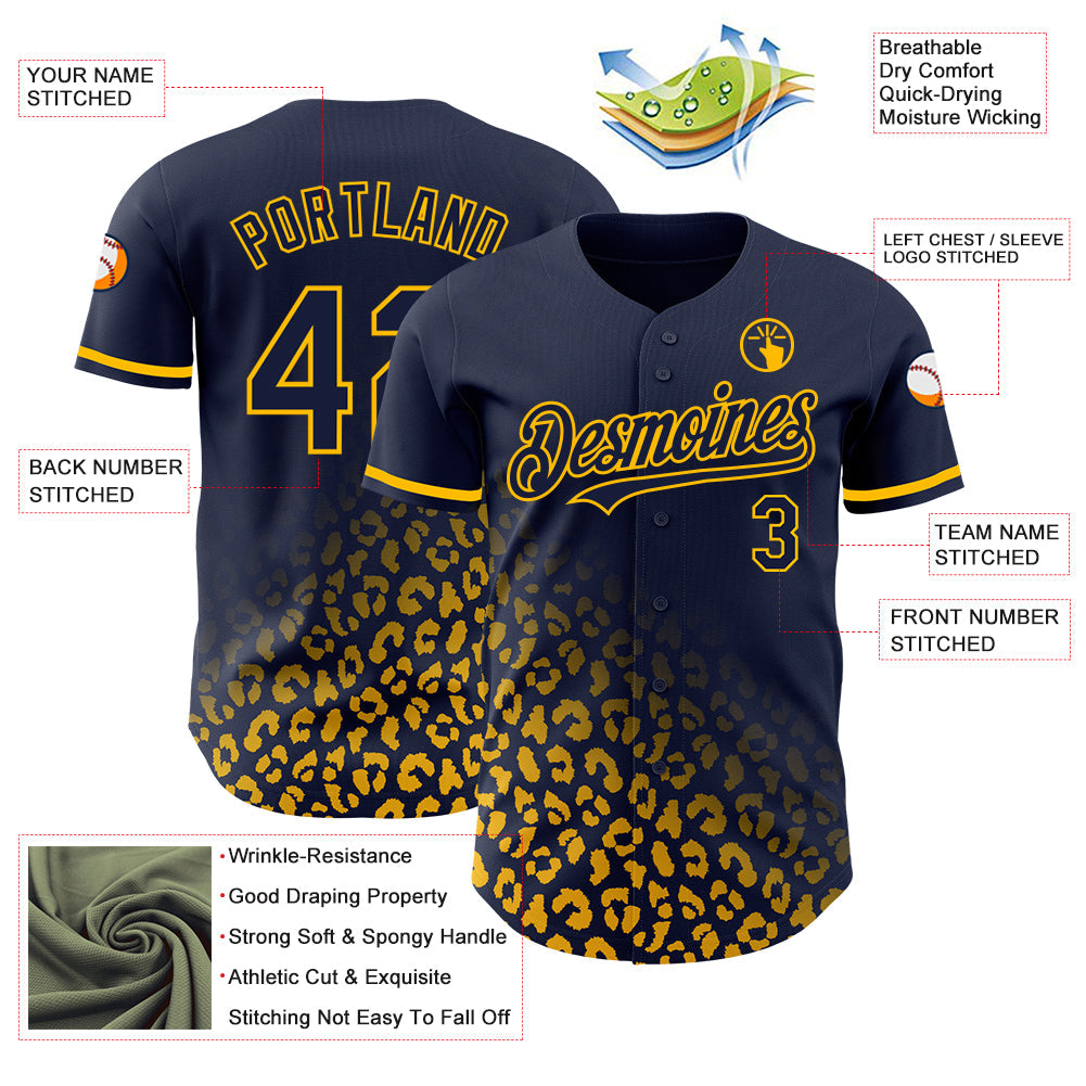 Custom Navy Gold 3D Pattern Design Leopard Print Fade Fashion Authentic Baseball Jersey view 3