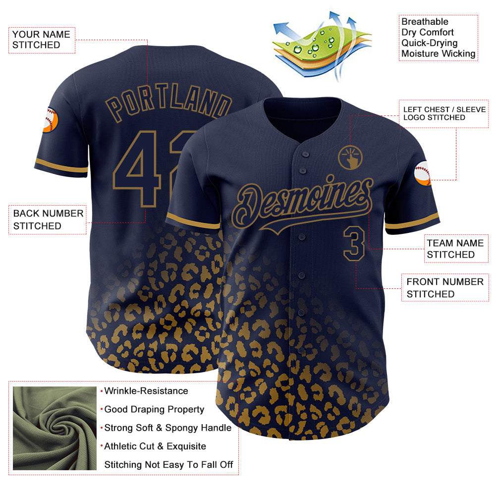 Custom Navy Old Gold 3D Pattern Design Leopard Print Fade Fashion Authentic Baseball Jersey view 3