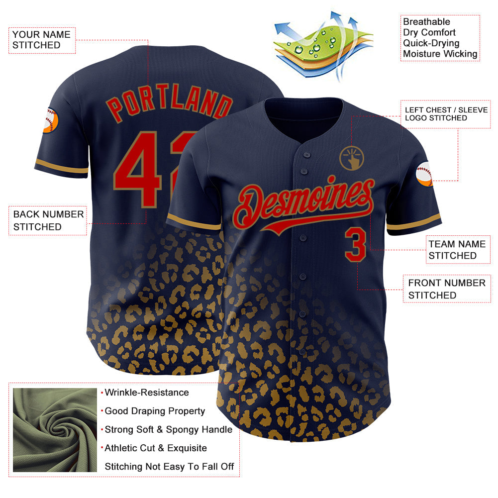 Custom Navy Red-Old Gold 3D Pattern Design Leopard Print Fade Fashion Authentic Baseball Jersey view 3