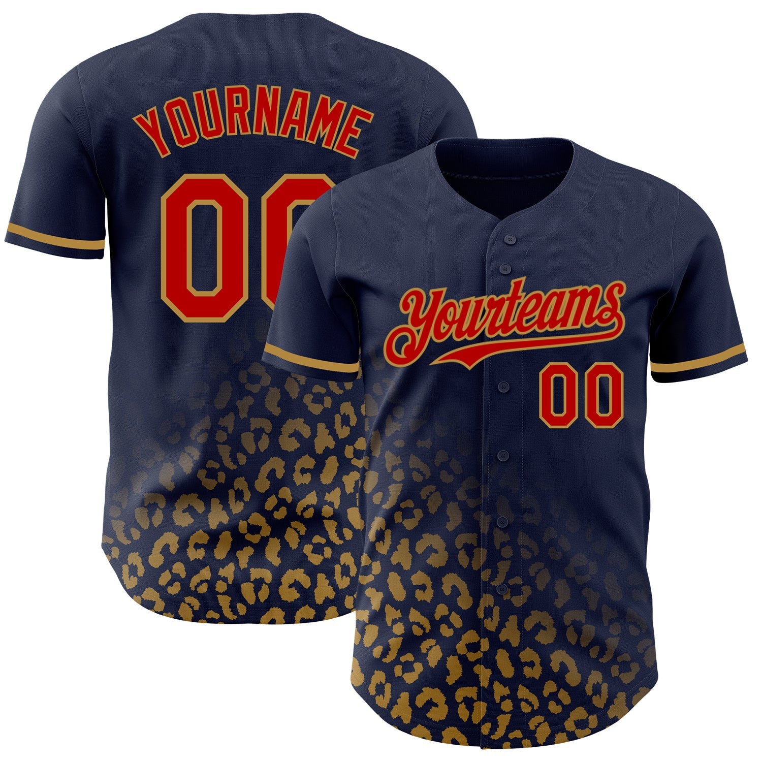 Custom Navy Red-Old Gold 3D Pattern Design Leopard Print Fade Fashion Authentic Baseball Jersey - Main View