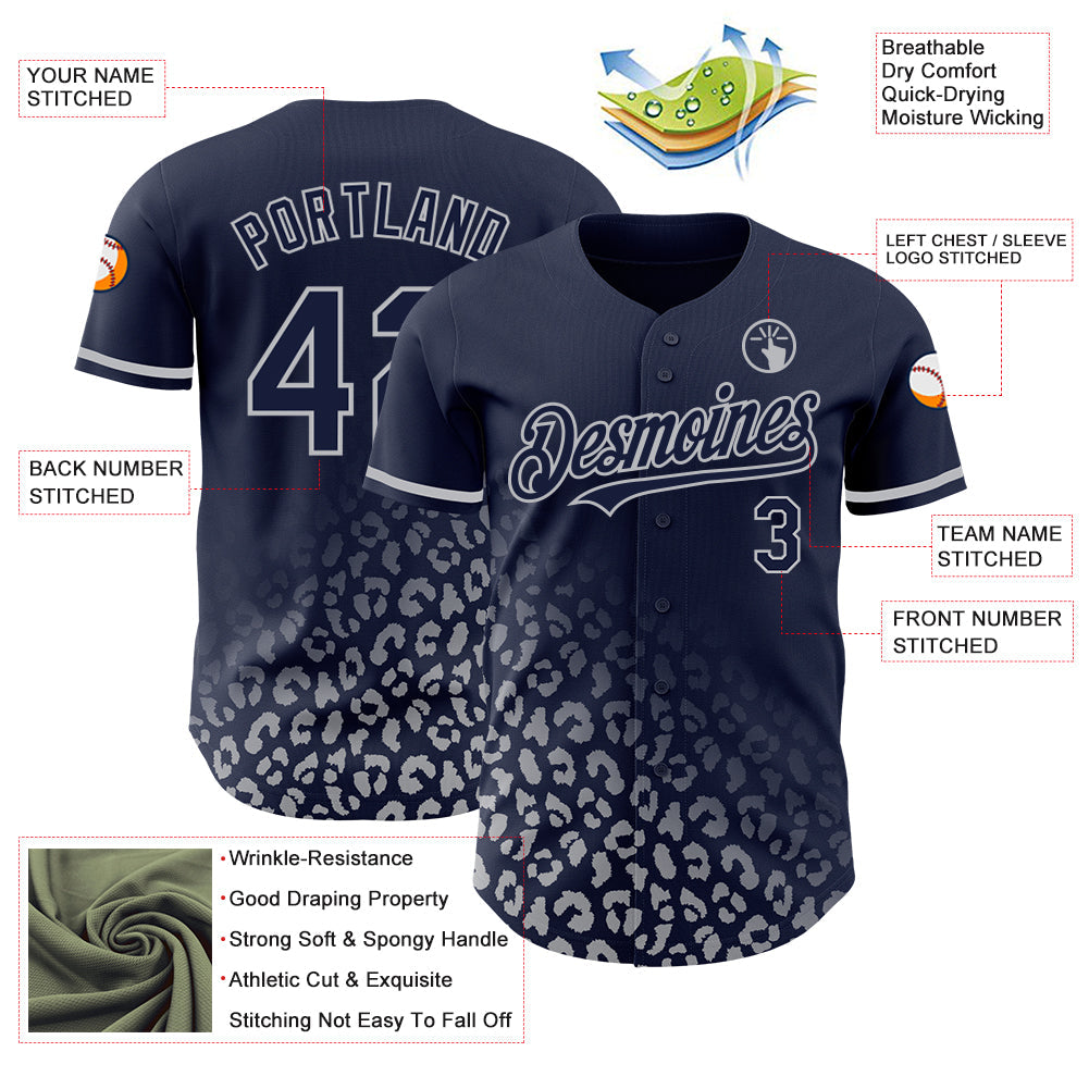 Custom Navy Gray 3D Pattern Design Leopard Print Fade Fashion Authentic Baseball Jersey view 3