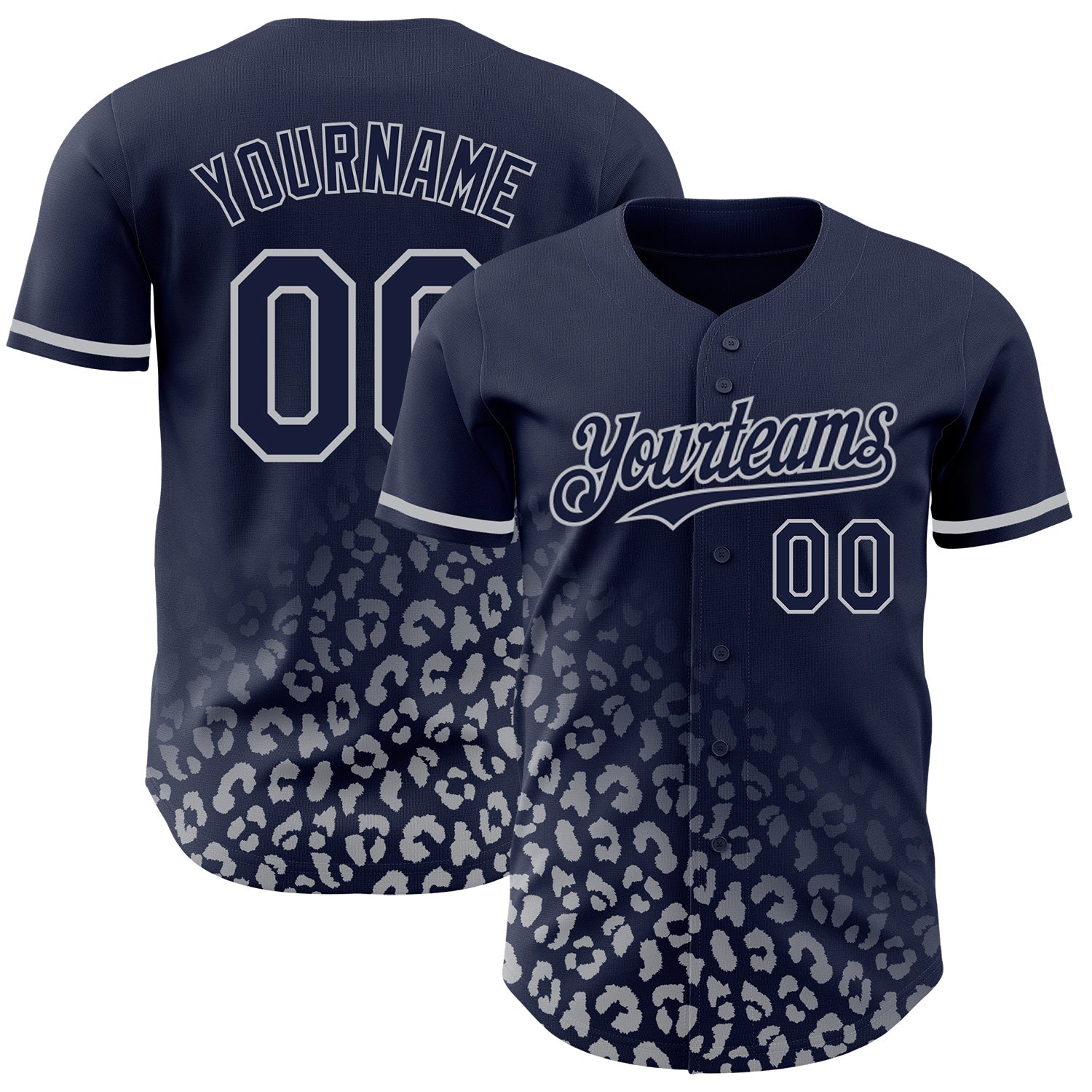 Custom Navy Gray 3D Pattern Design Leopard Print Fade Fashion Authentic Baseball Jersey - Main View