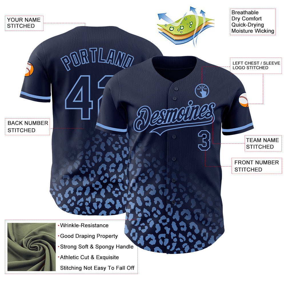 Custom Navy Light Blue 3D Pattern Design Leopard Print Fade Fashion Authentic Baseball Jersey view 3