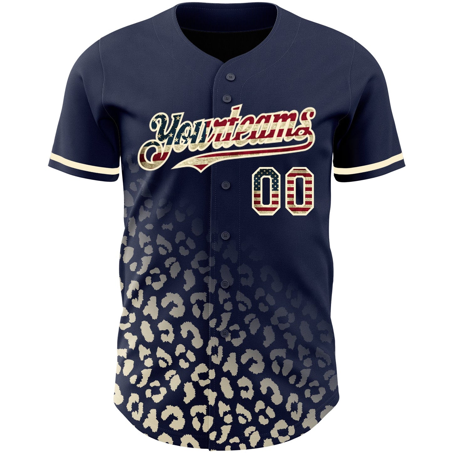 Custom Navy Vintage USA Flag-Cream 3D Pattern Design Leopard Print Fade Fashion Authentic Baseball Jersey view 2