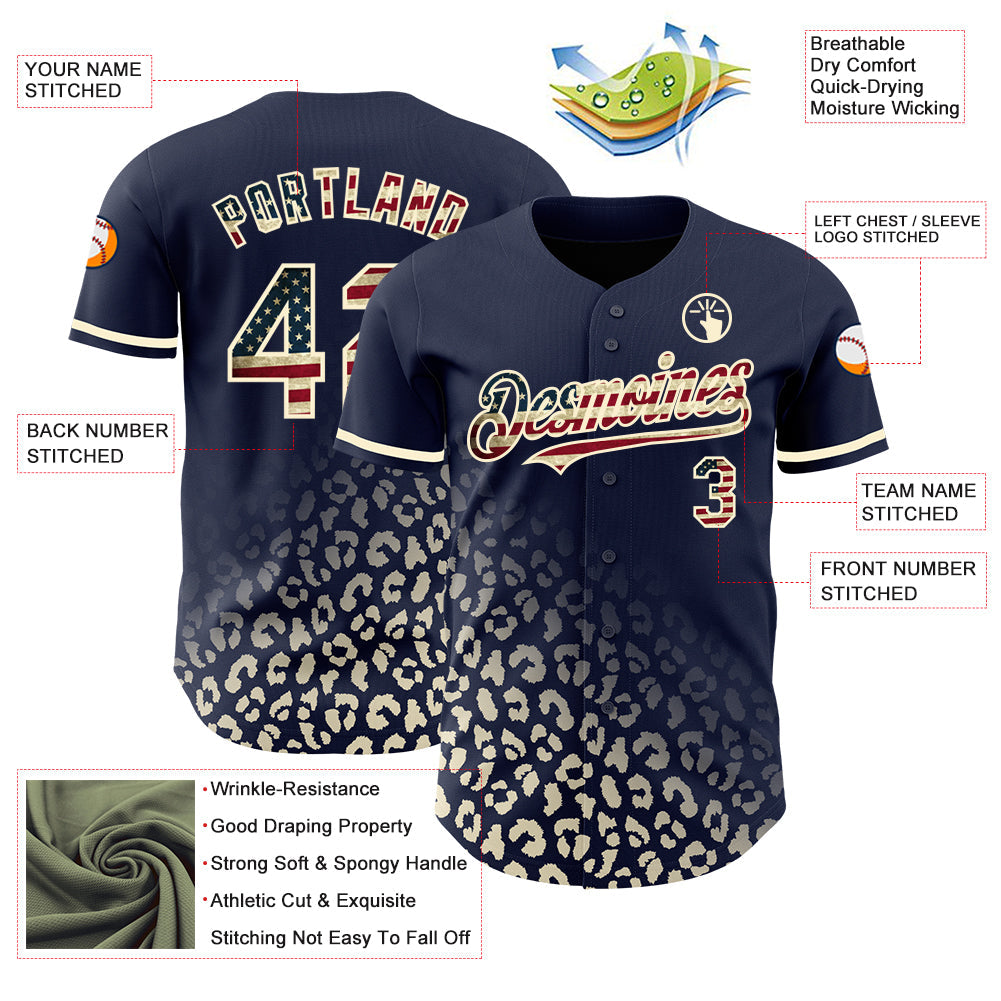 Custom Navy Vintage USA Flag-Cream 3D Pattern Design Leopard Print Fade Fashion Authentic Baseball Jersey view 3