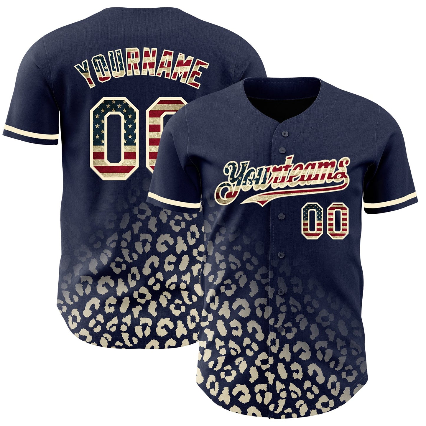 Custom Navy Vintage USA Flag-Cream 3D Pattern Design Leopard Print Fade Fashion Authentic Baseball Jersey - Main View