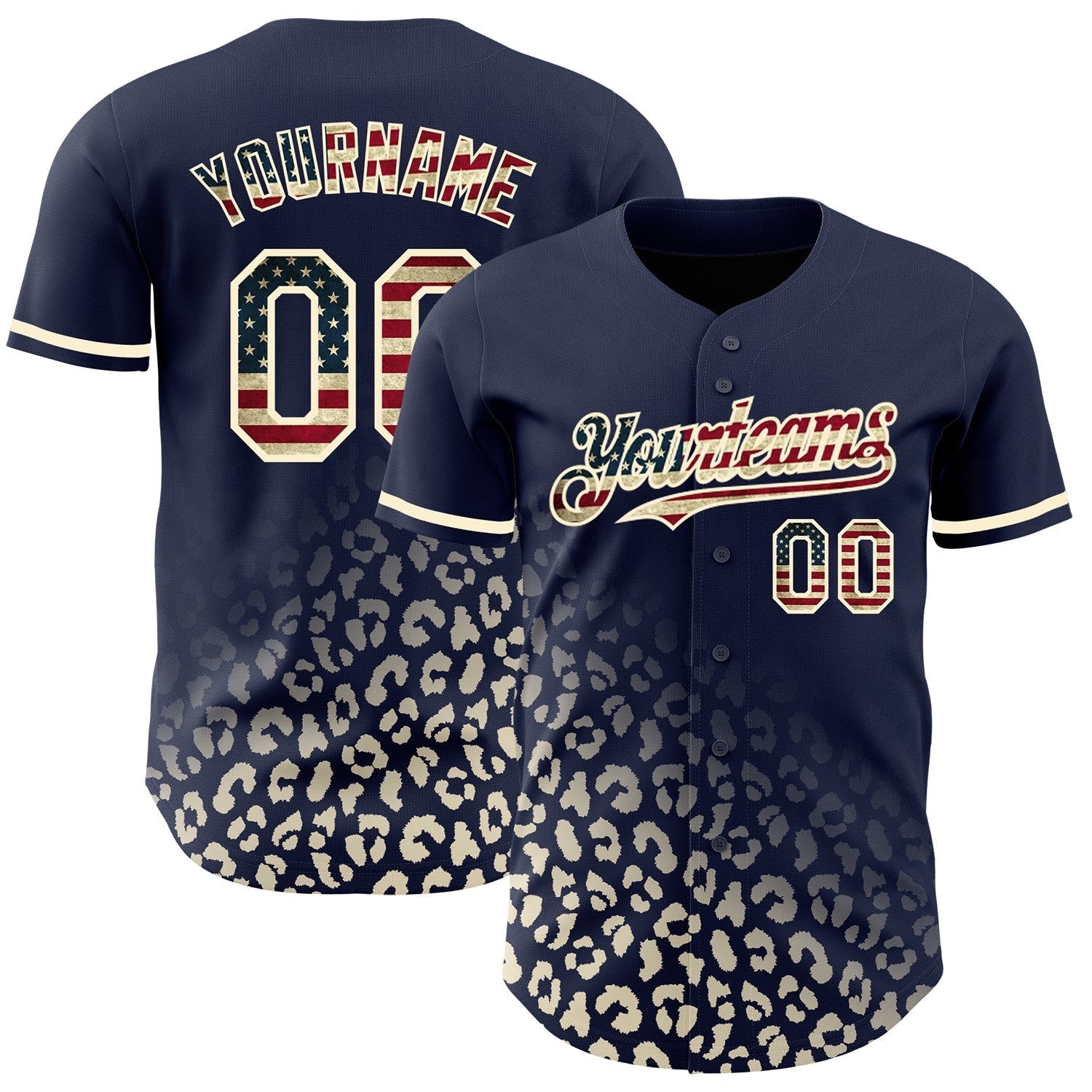Custom Navy Vintage USA Flag-Cream 3D Pattern Design Leopard Print Fade Fashion Authentic Baseball Jersey - Main View