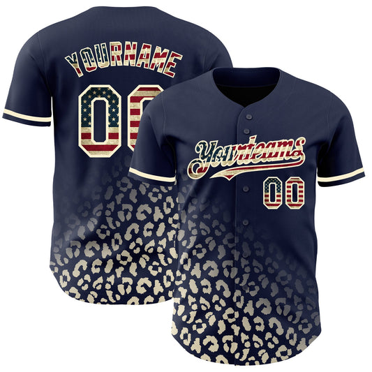 Custom Navy Vintage USA Flag-Cream 3D Pattern Design Leopard Print Fade Fashion Authentic Baseball Jersey - Main View