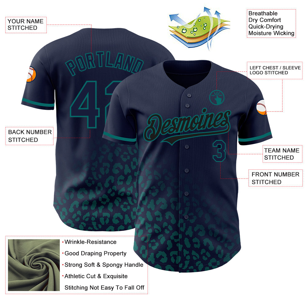 Custom Navy Vintage USA Flag-Teal 3D Pattern Design Leopard Print Fade Fashion Authentic Baseball Jersey view 3