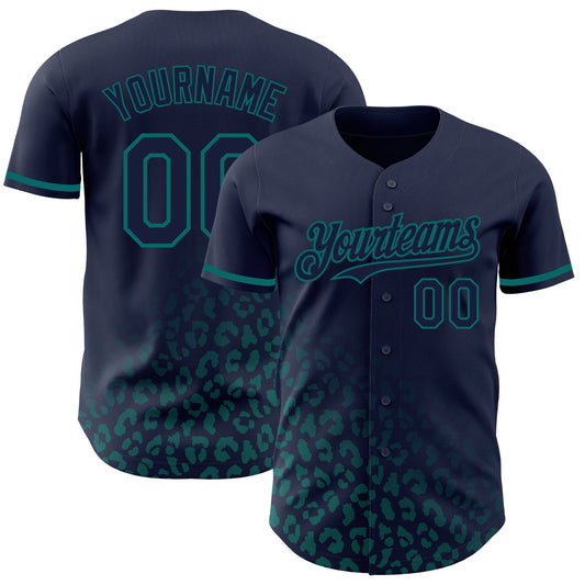 Custom Navy Vintage USA Flag-Teal 3D Pattern Design Leopard Print Fade Fashion Authentic Baseball Jersey - Main View