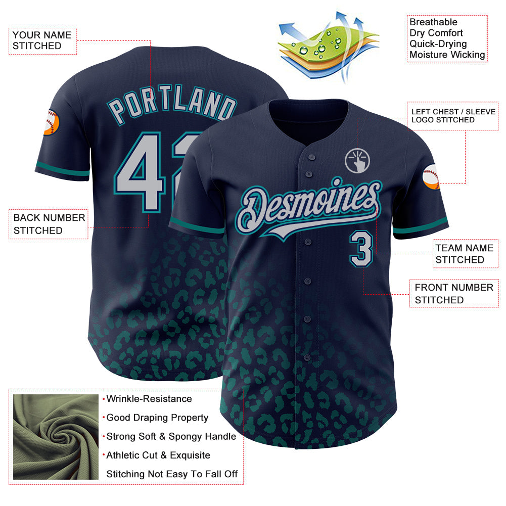 Custom Navy Gray-Teal 3D Pattern Design Leopard Print Fade Fashion Authentic Baseball Jersey view 3