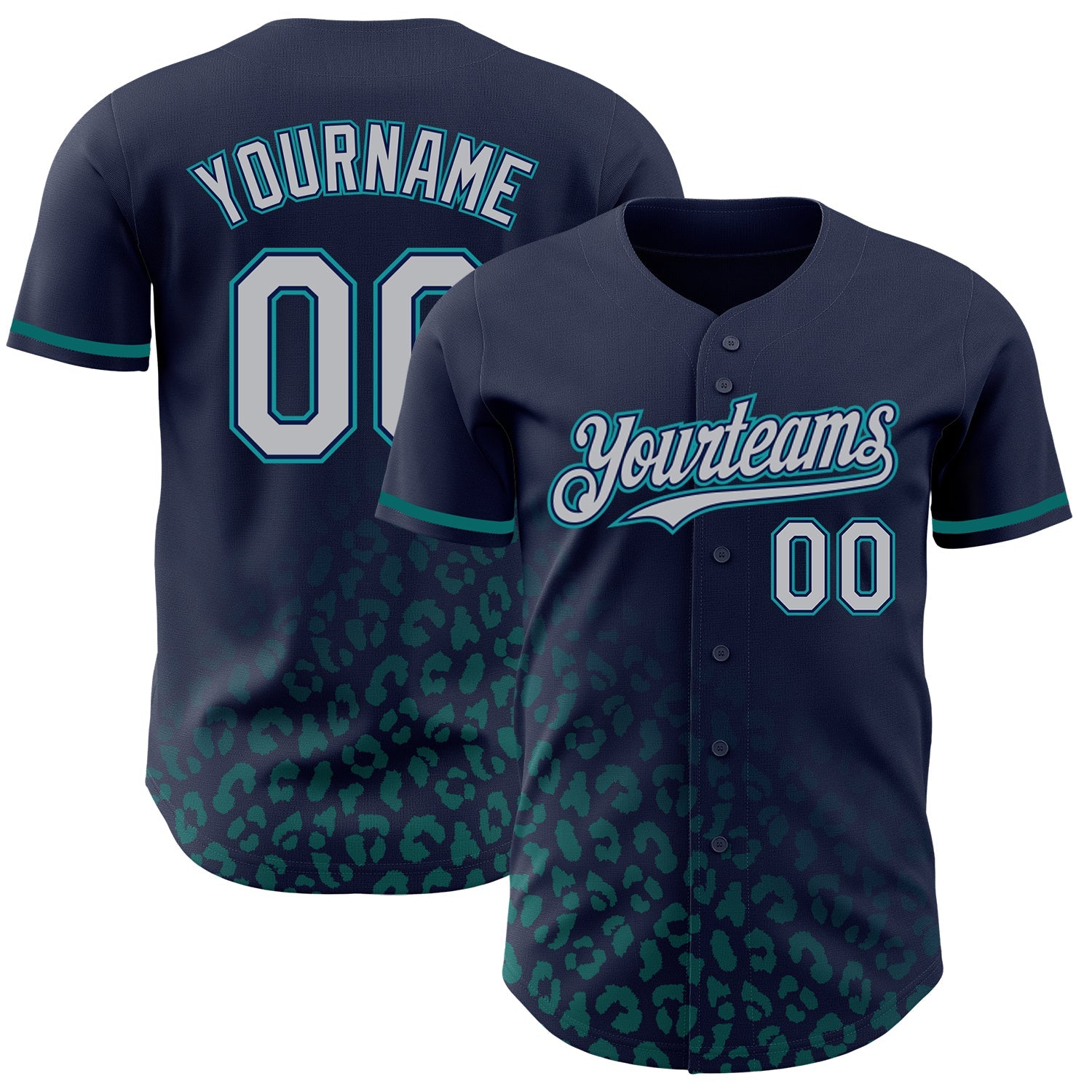 Custom Navy Gray-Teal 3D Pattern Design Leopard Print Fade Fashion Authentic Baseball Jersey - Main View
