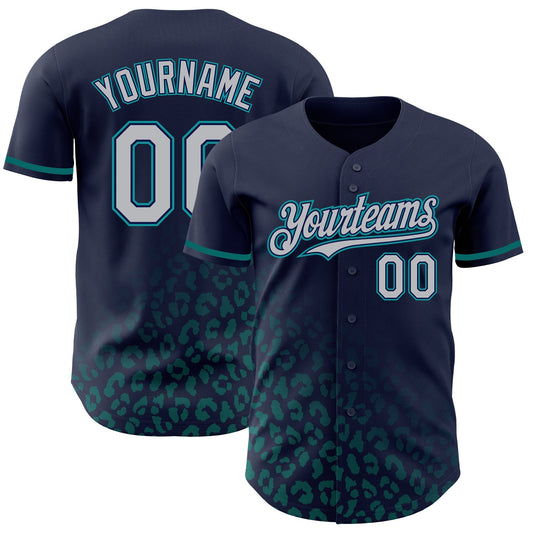Custom Navy Gray-Teal 3D Pattern Design Leopard Print Fade Fashion Authentic Baseball Jersey - Main View