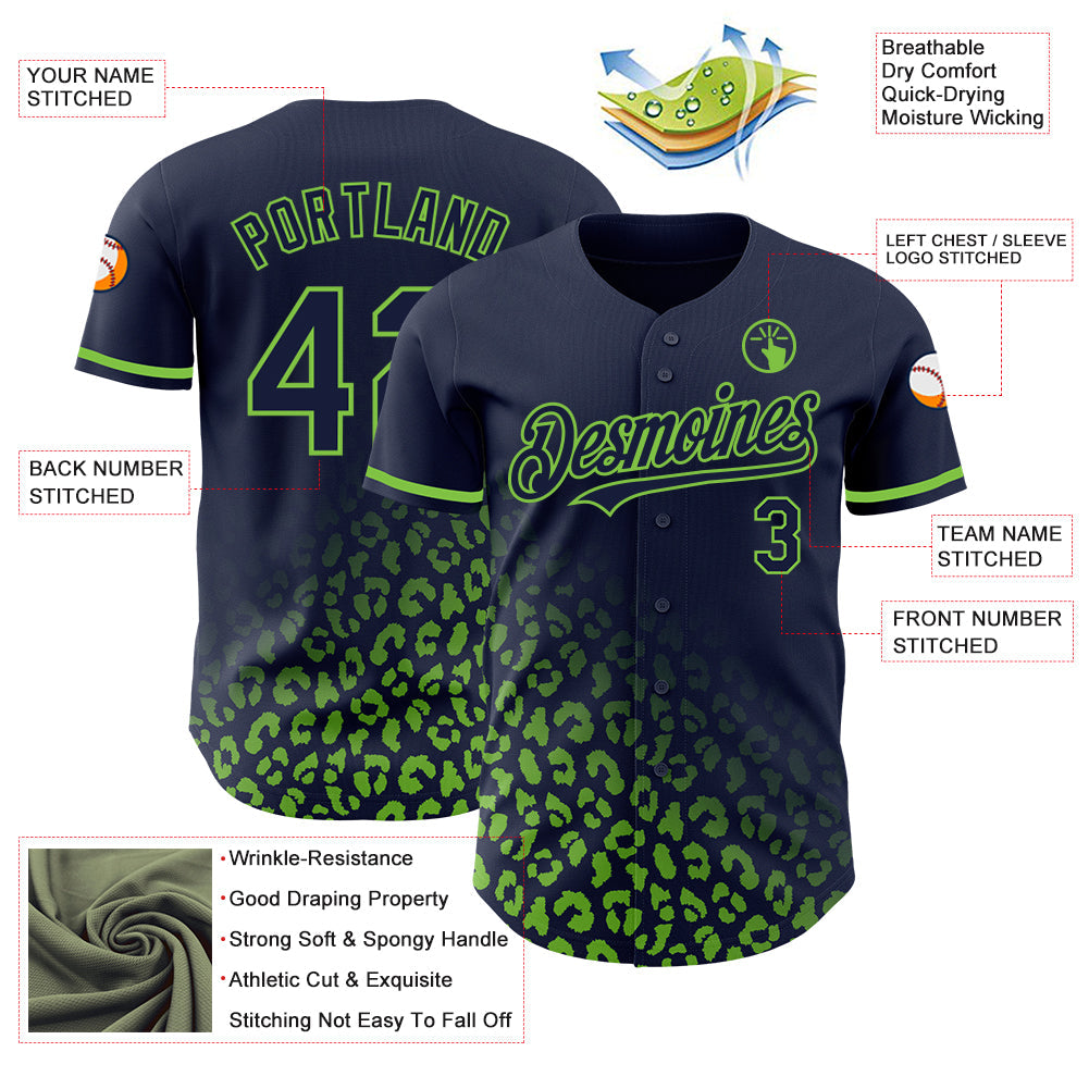 Custom Navy Neon Green 3D Pattern Design Leopard Print Fade Fashion Authentic Baseball Jersey view 3